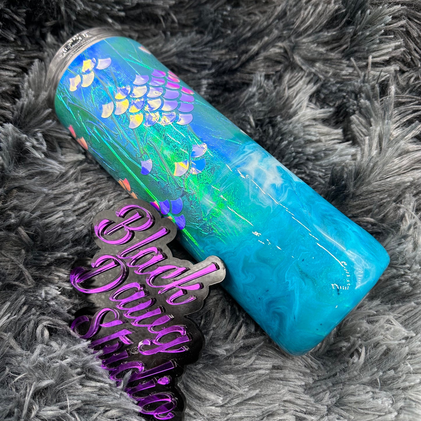 RTS 20oz Skinny Straight Tumbler Cellophane Iridescent | Glow in the Dark Ink Swirl Ocean | Mermaid decal with Opalescent Scales