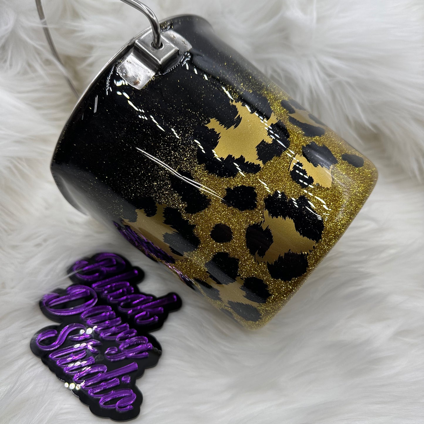 2qt Water Bucket Pail | Black to Gold Metallic Glitter Ombré with Leopard Print decals | Epoxy Tumbler for Dogs