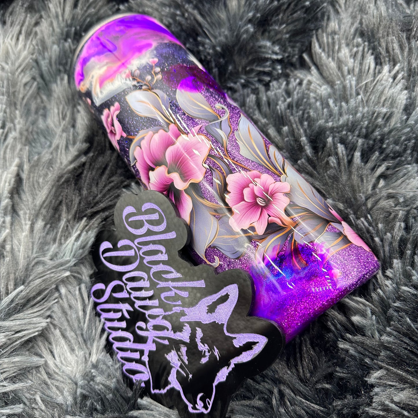 RTS 20oz Skinny Straight Tumbler | Purple Glitter Ombré | Purple Floral Wrap | Color Shifting Ink Swirl