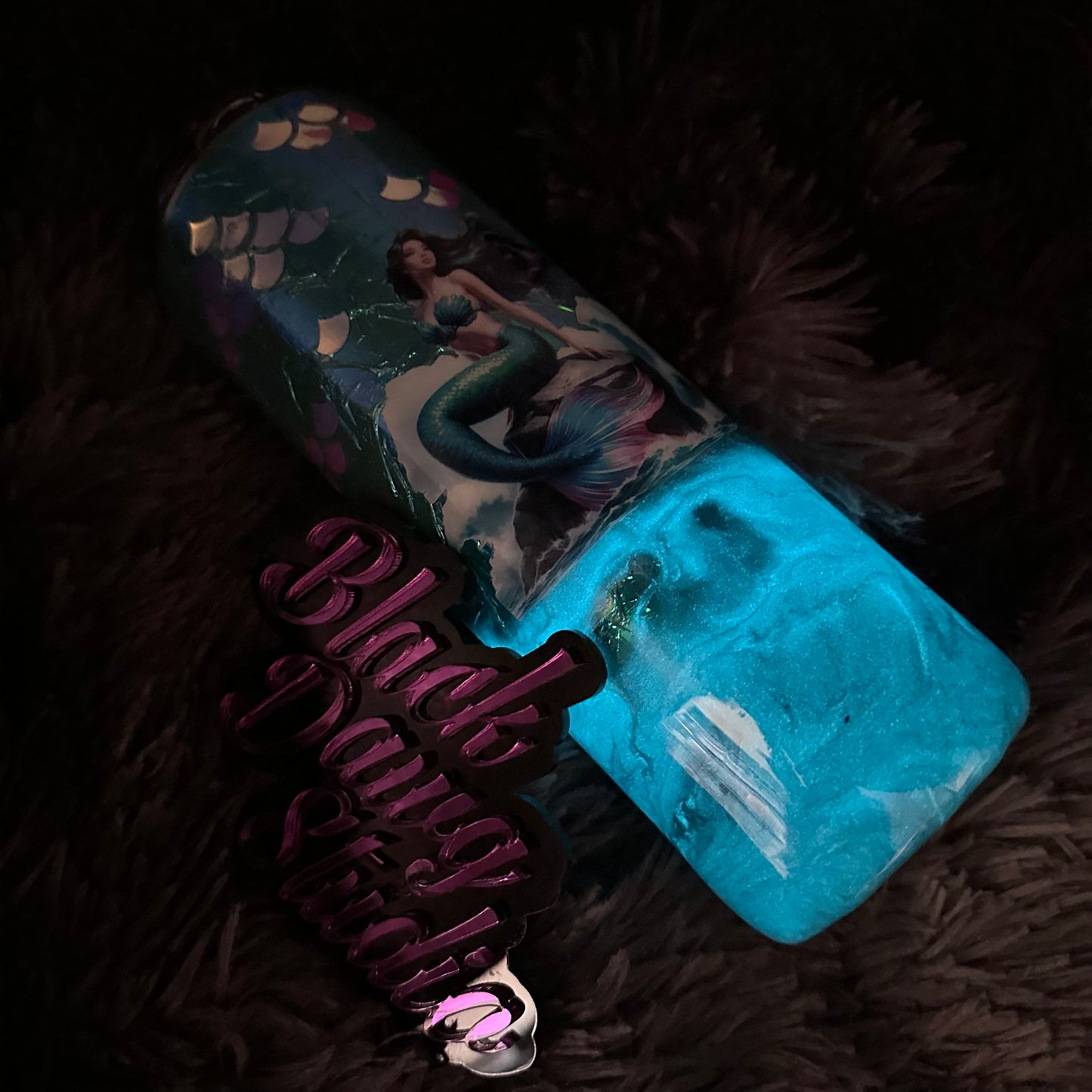 RTS 20oz Skinny Straight Tumbler Cellophane Iridescent | Glow in the Dark Ink Swirl Ocean | Mermaid decal with Opalescent Scales