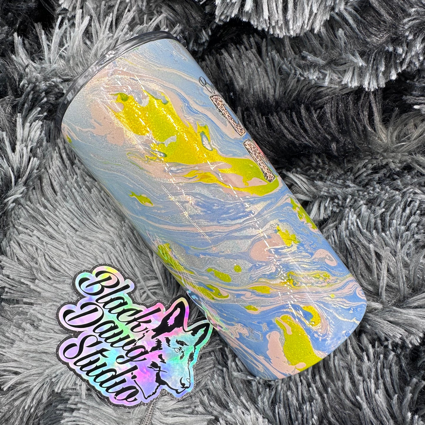 RTS 22oz Regular Tumbler Glitter with Hydro Dip in Pastel Pink, Blue and Yellow | Best Dog Mom Ever decal