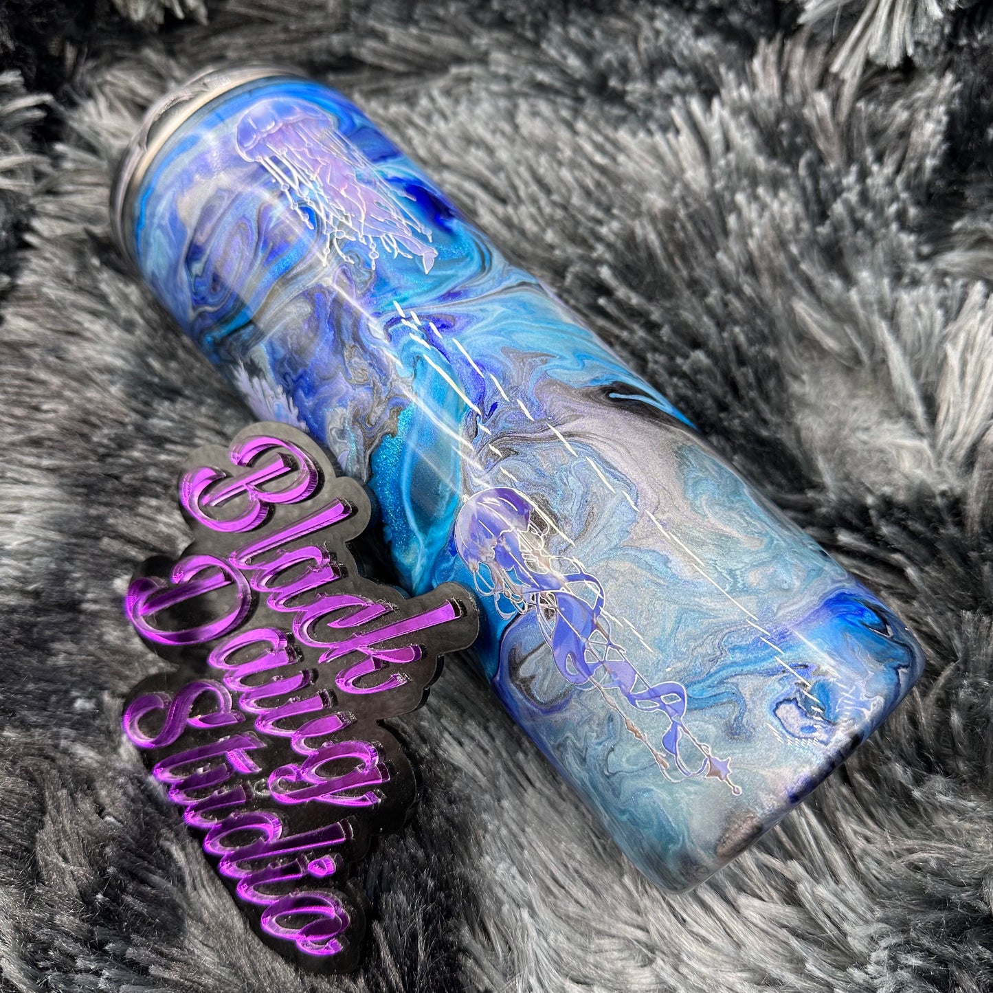 RTS 20oz Skinny Straight Tumbler | Blue Underwater Ink Swirl | Glow in the Dark | Dolphin and Jellyfish Holographic decals
