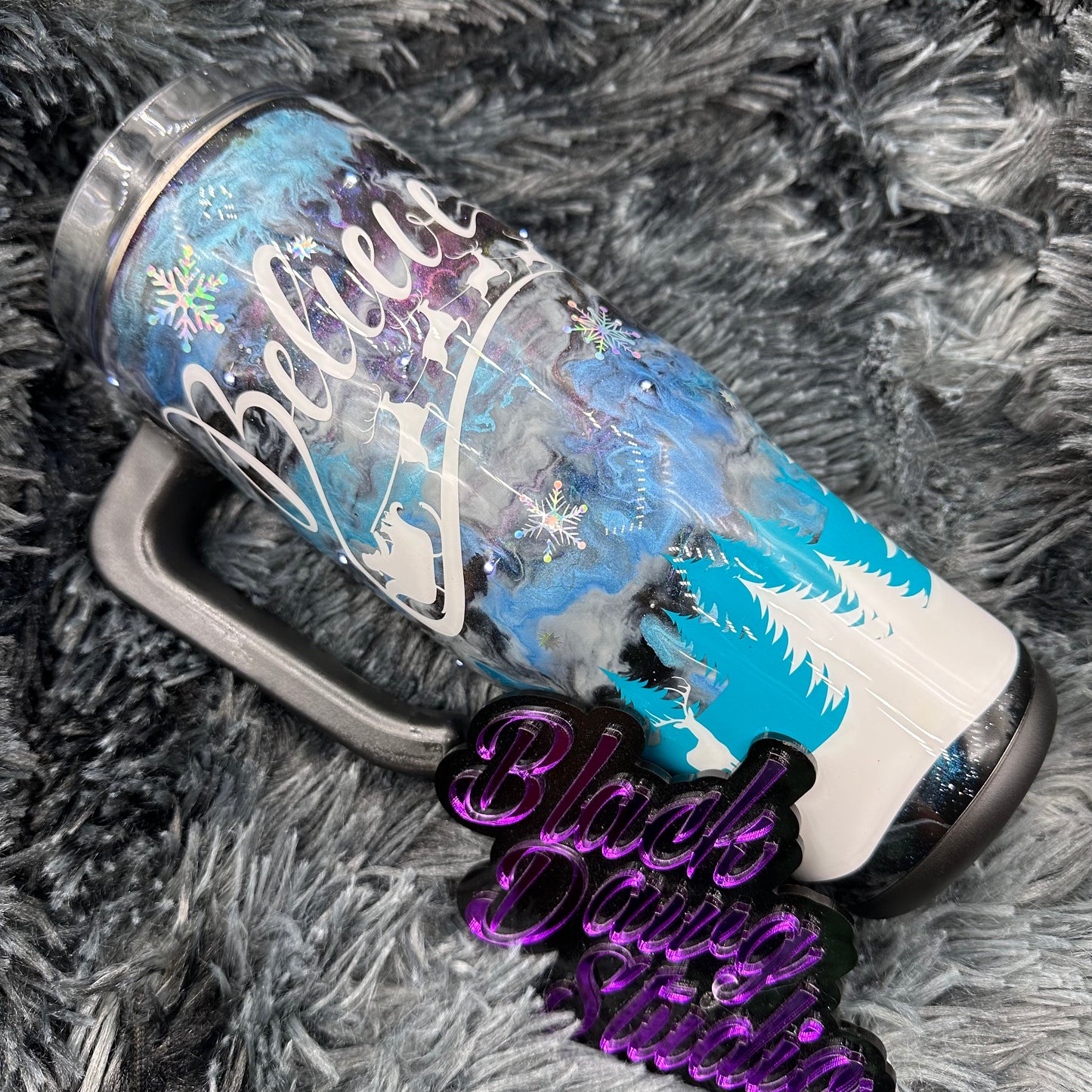 RTS 30oz Grippy Light-Up Tumbler | Winter Scene Ink Swirl Sky | Believe Christmas decal | LED White Lights Battery Operated