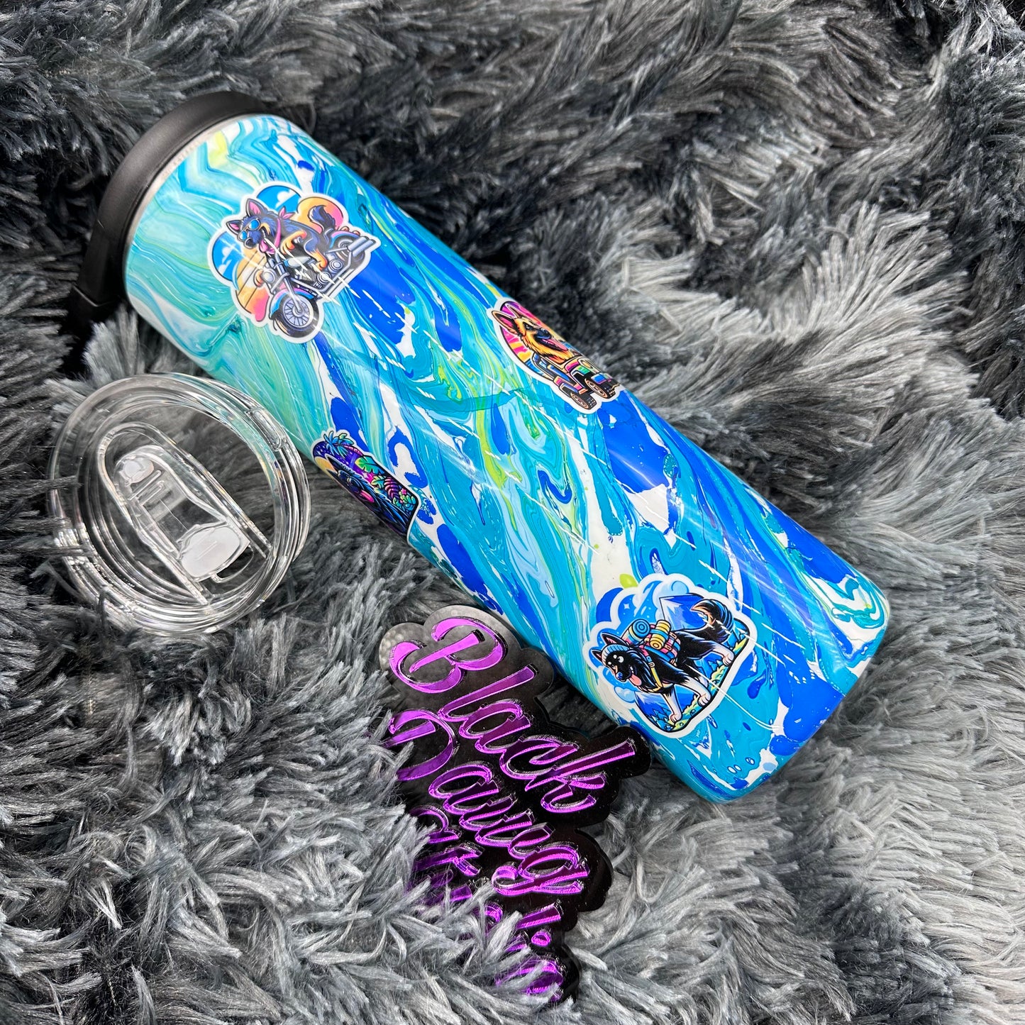 RTS 30oz Skinny Straight Duo Tumbler Hydro Dip in Blues and Greens | Assorted German Shepherd Caricature Stickers
