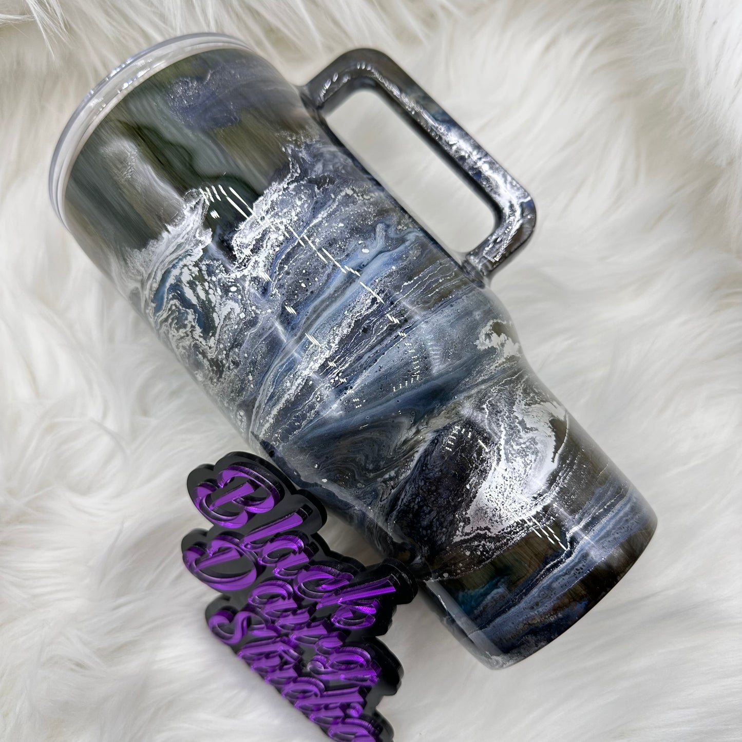 RTS 32oz Handled Tumbler | Gray Tone Wood Grain with Whisper Technique | Whitetail Deer decal