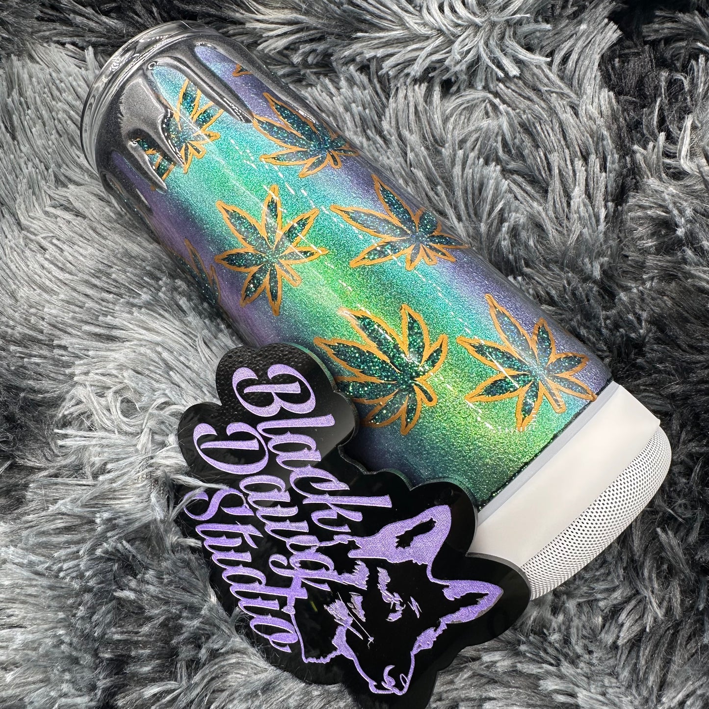 RTS 20oz Bluetooth Speaker Tumbler | Leafy Glitter Peekaboo Chameleon Color Shift | Weed Makes Me Happy decal