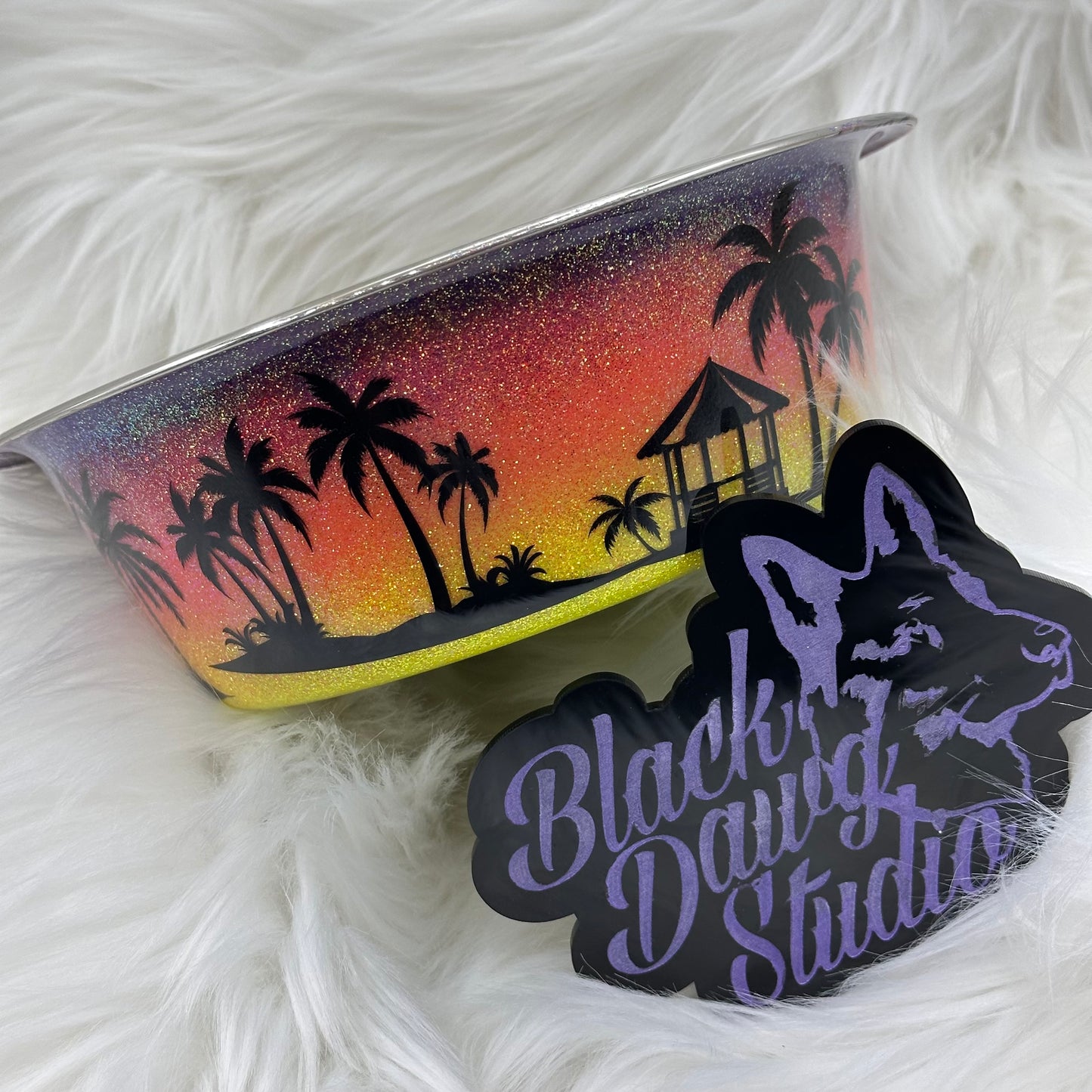 8-inch Dog Bowl - Glitter Sunset Sky Ombré with Stars | Tropical Landscape | Epoxy Tumbler for Dogs