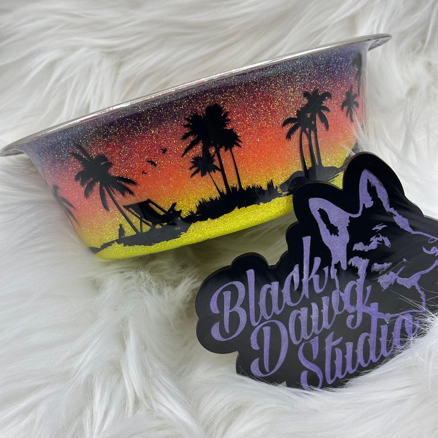 8-inch Dog Bowl - Glitter Sunset Sky Ombré with Stars | Tropical Landscape | Epoxy Tumbler for Dogs