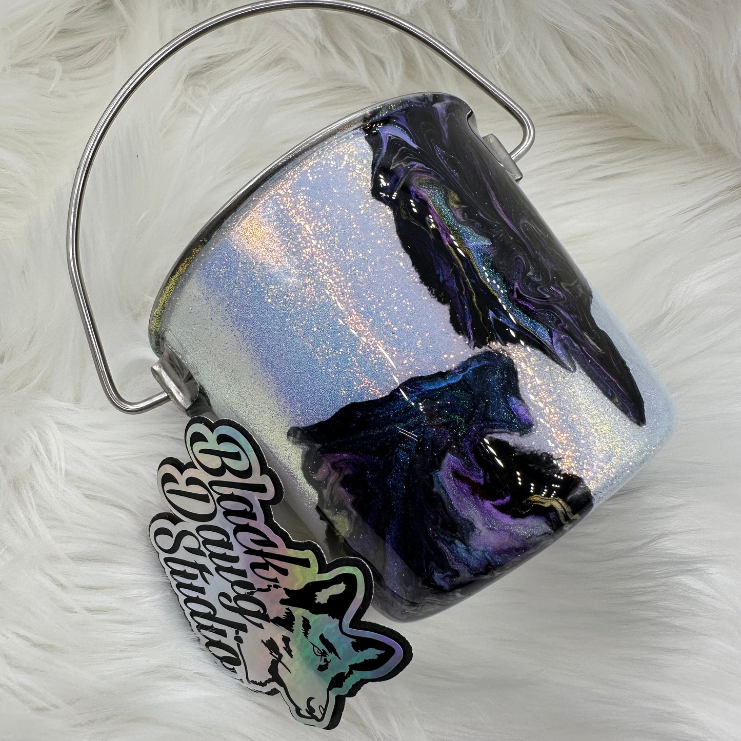 1qt Water Bucket Pail Dog Tumbler | Oil Spill over White Iridescent Glitter | Epoxy Tumbler for Dogs