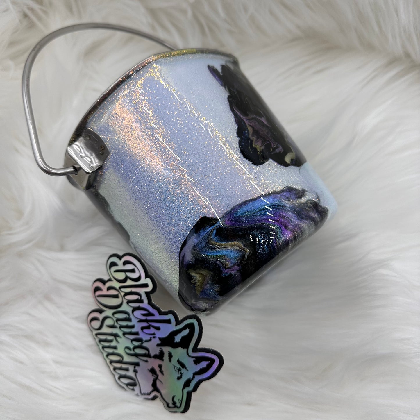 1qt Water Bucket Pail Dog Tumbler | Oil Spill over White Iridescent Glitter | Epoxy Tumbler for Dogs