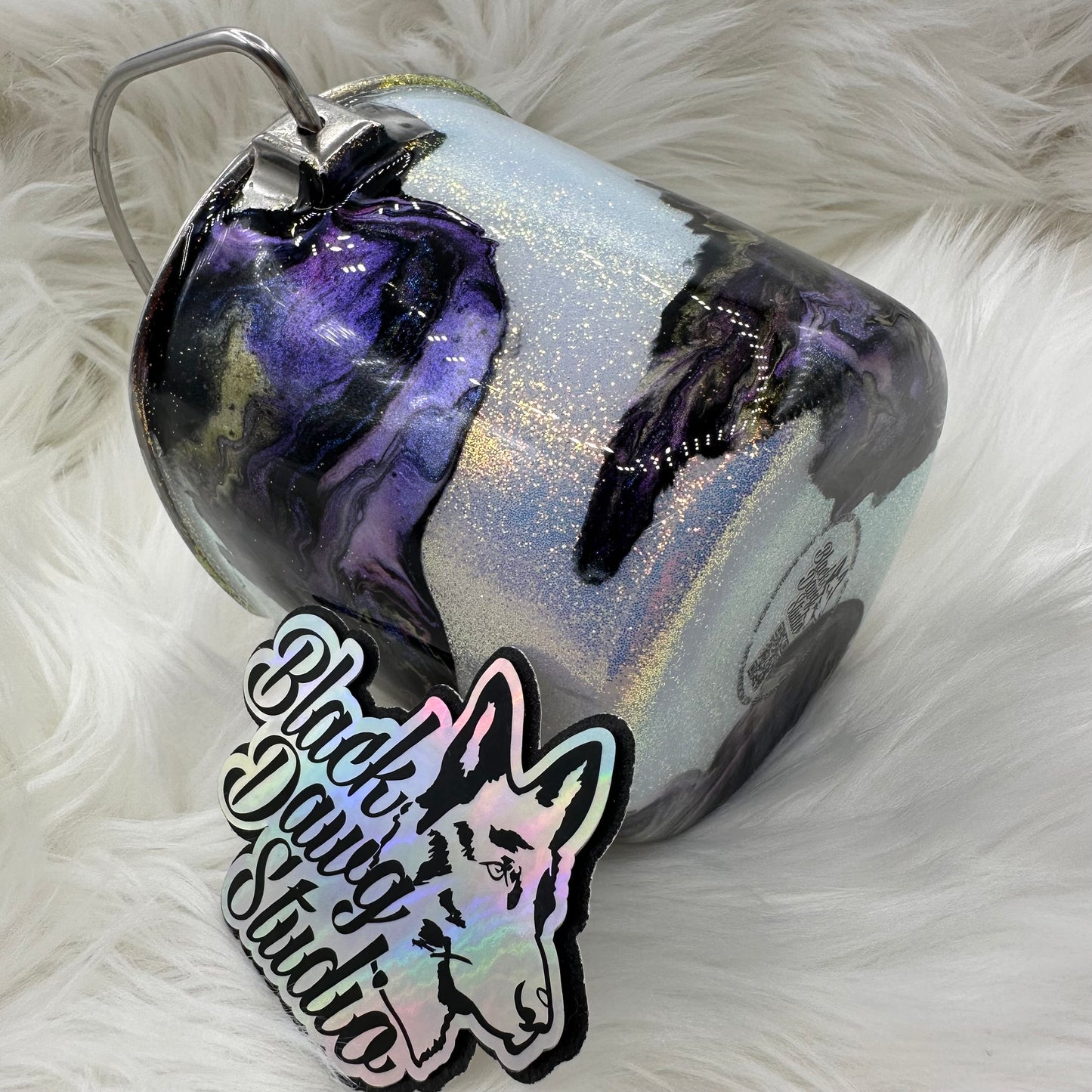 1qt Water Bucket Pail Dog Tumbler | Oil Spill over White Iridescent Glitter | Epoxy Tumbler for Dogs