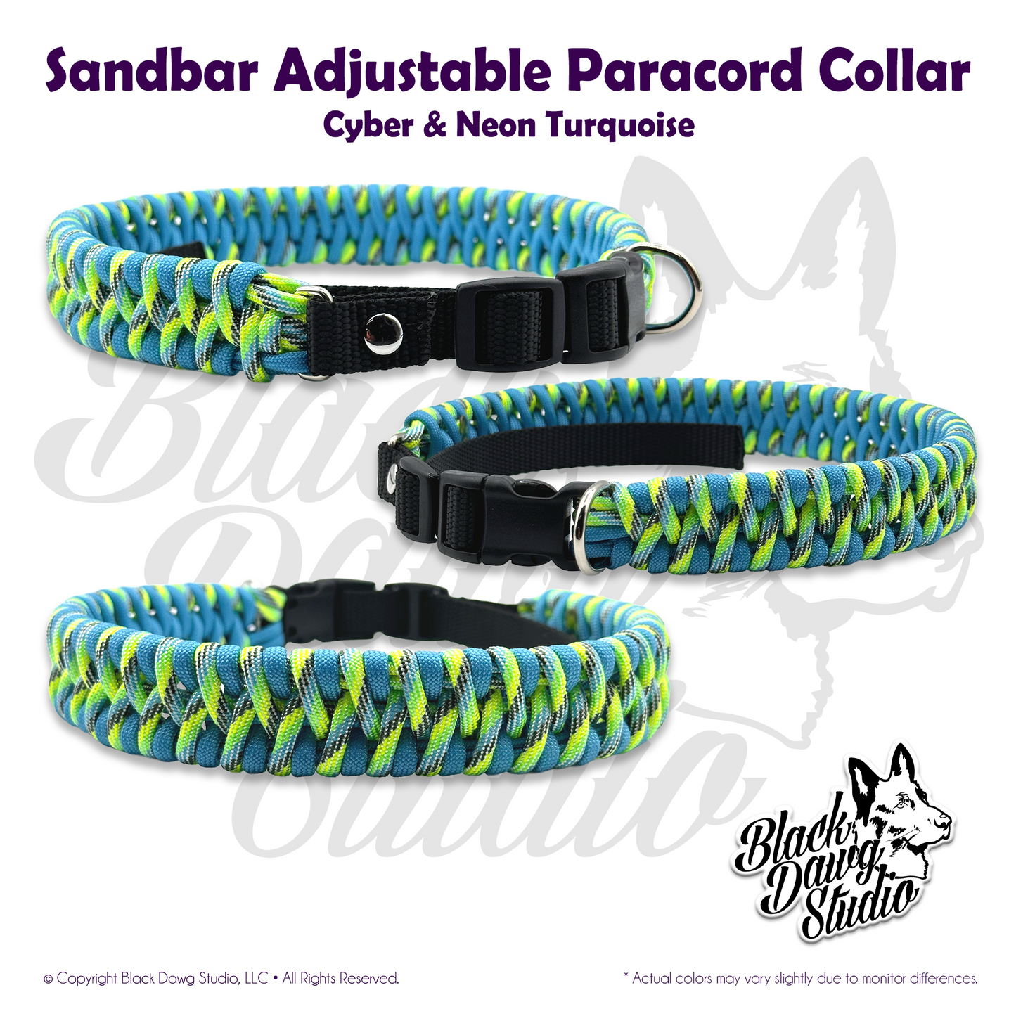 Sandbar Design Adjustable Paracord Dog Collar | Cyber & Neon Turquoise