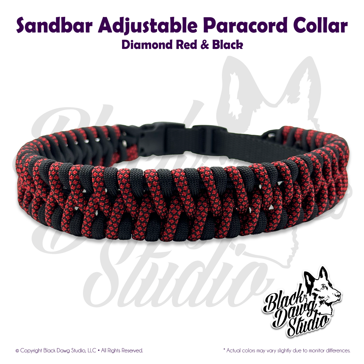 Sandbar Design Adjustable Paracord Dog Collar | Diamond Red & Black