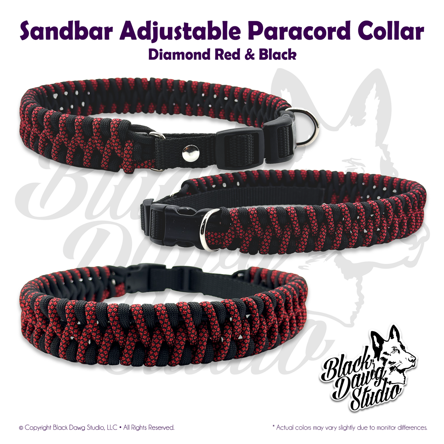 Sandbar Design Adjustable Paracord Dog Collar | Diamond Red & Black