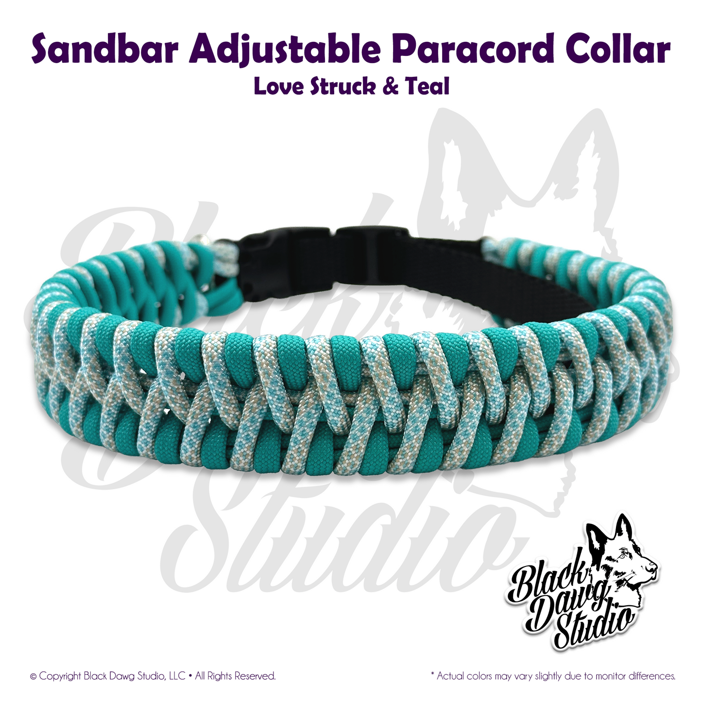 Sandbar Design Adjustable Paracord Dog Collar | Love Struck & Teal