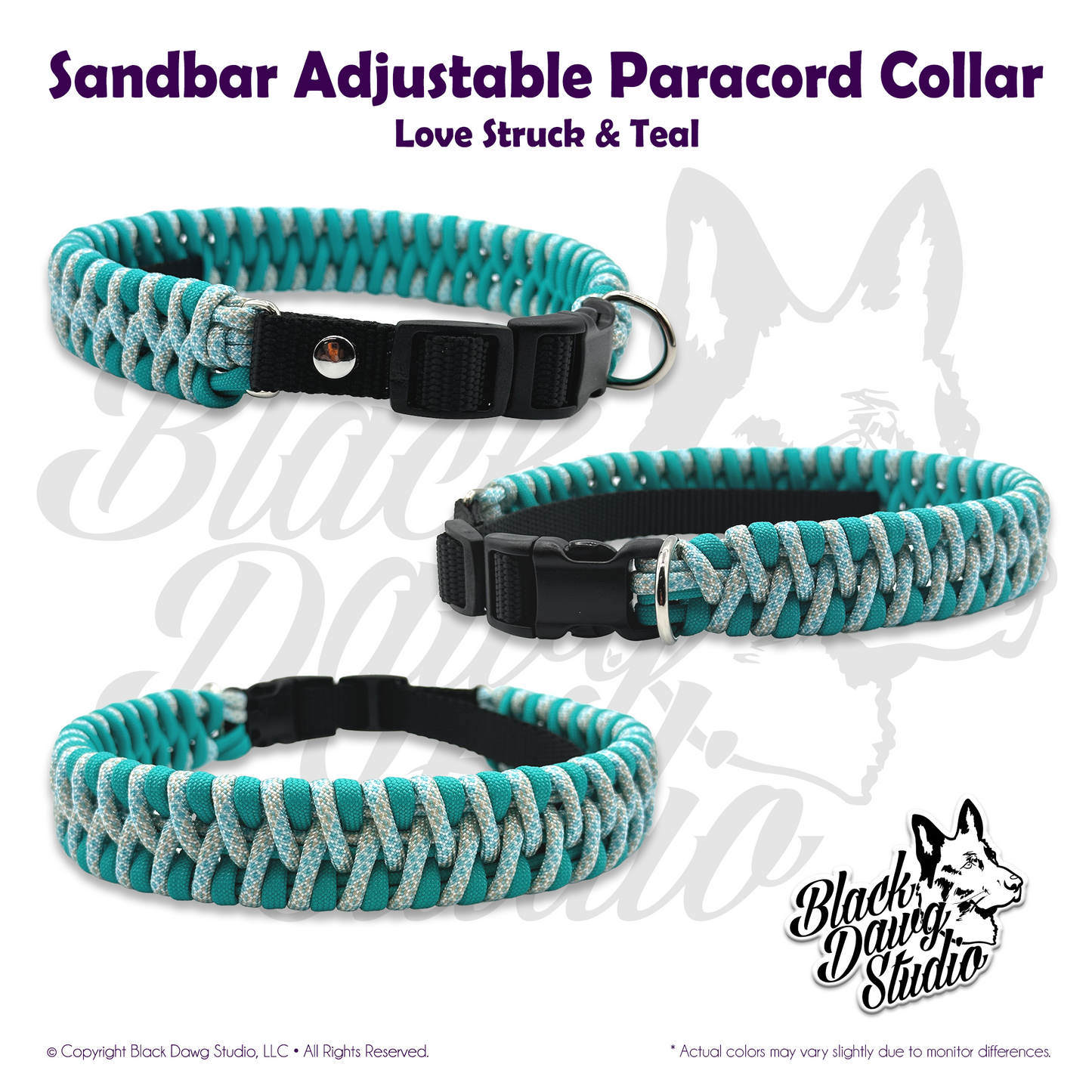 Sandbar Design Adjustable Paracord Dog Collar | Love Struck & Teal