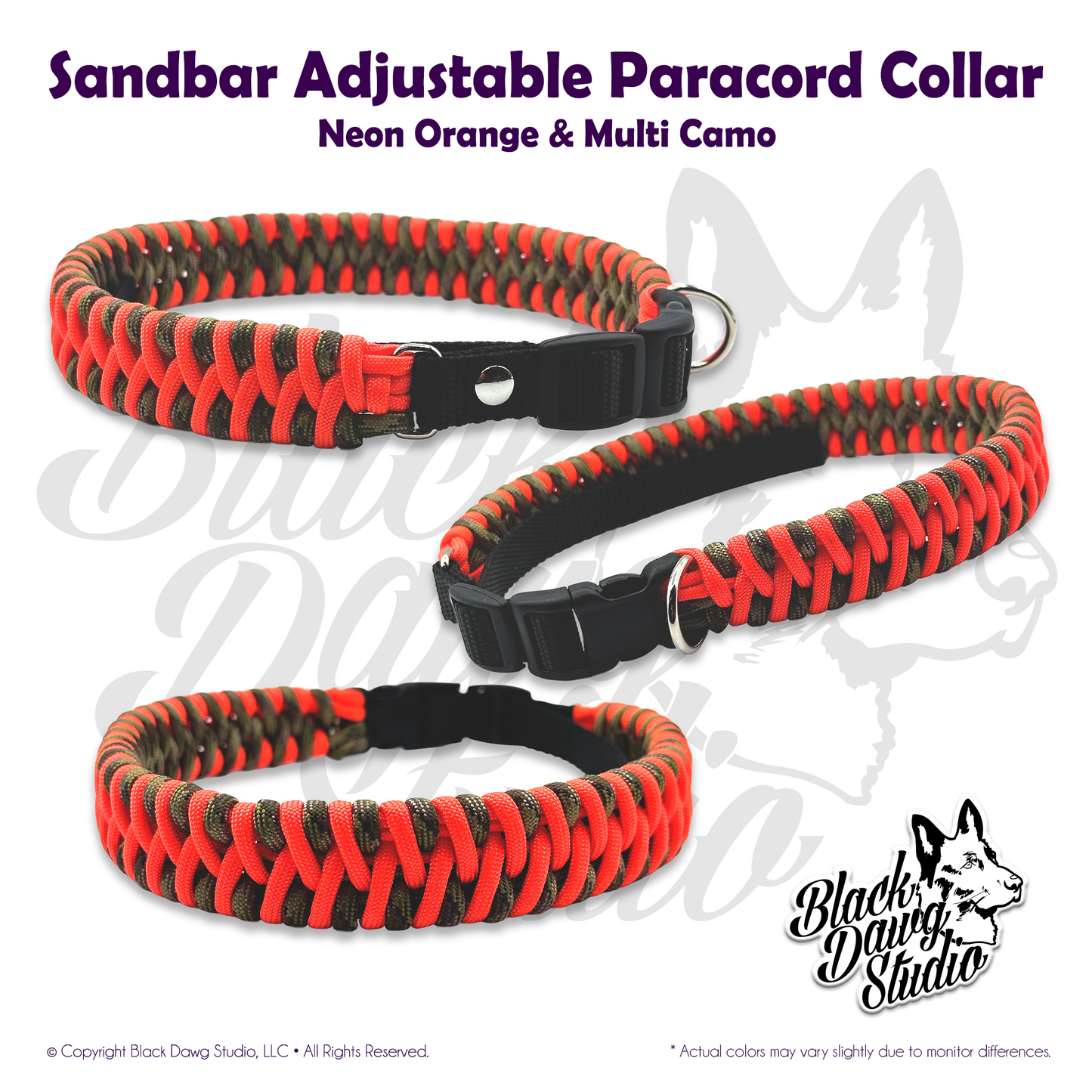Sandbar Design Adjustable Paracord Dog Collar | Neon Orange & Multi Camo