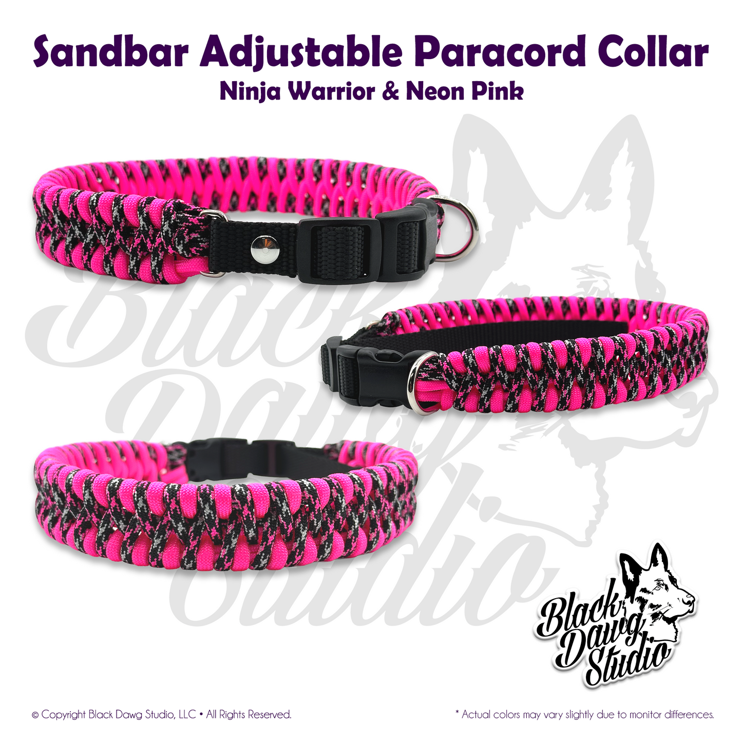 Sandbar Design Adjustable Paracord Dog Collar | Ninja Warrior & Neon Pink