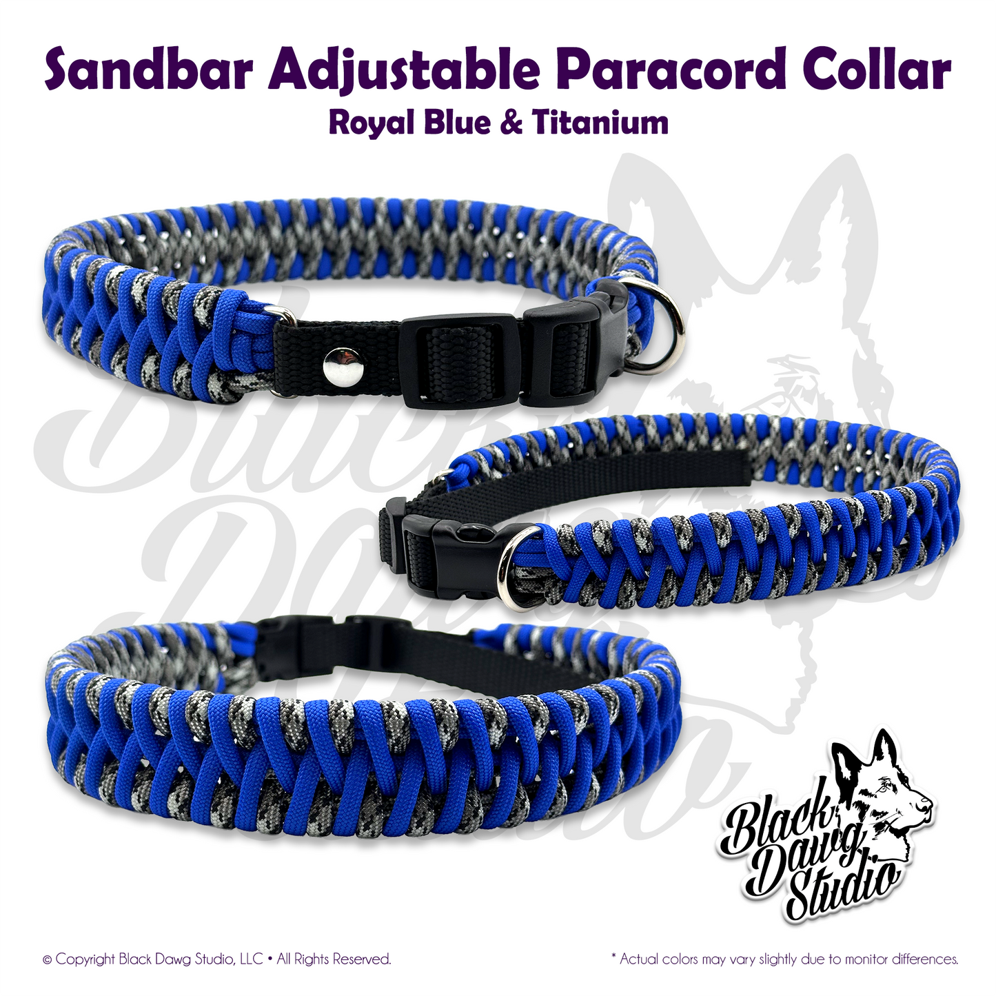 Sandbar Design Adjustable Paracord Dog Collar | Royal Blue & Titanium
