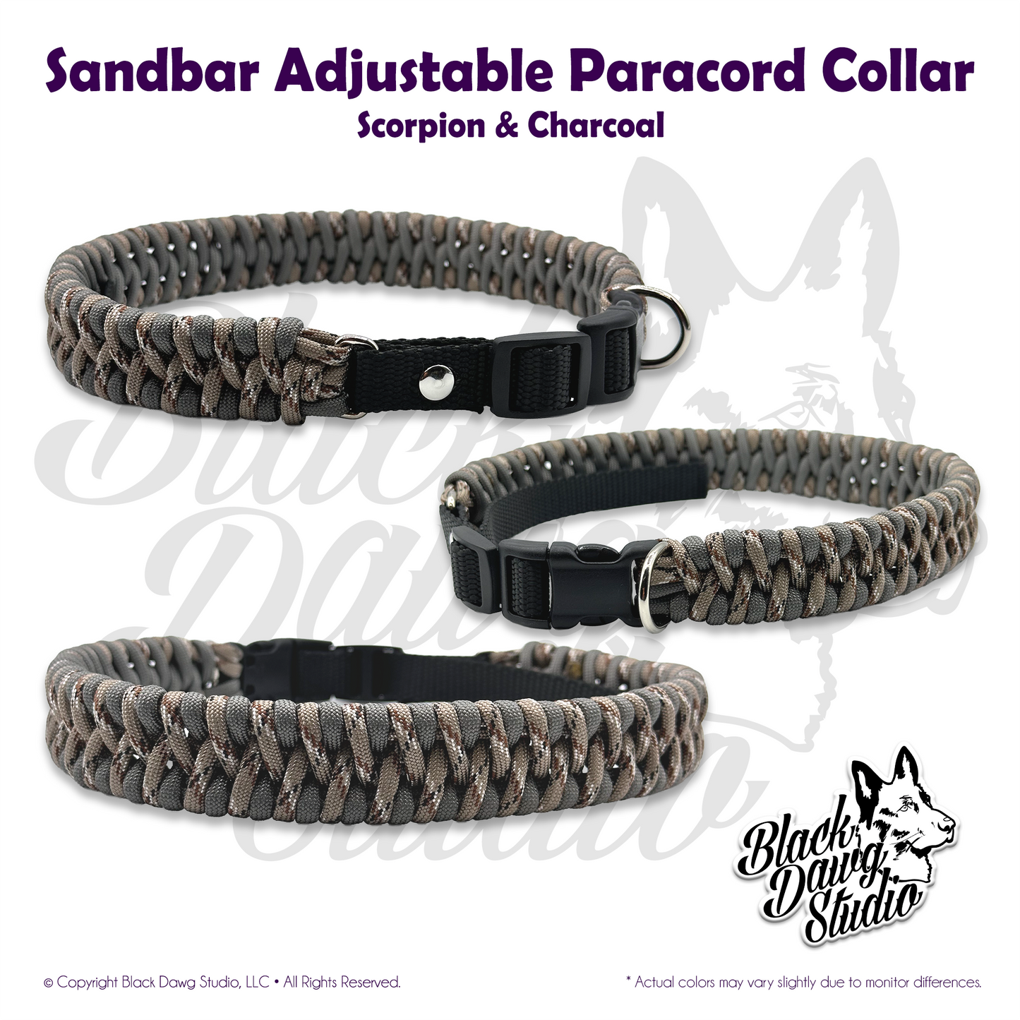 Sandbar Design Adjustable Paracord Dog Collar | Scorpion & Charcoal