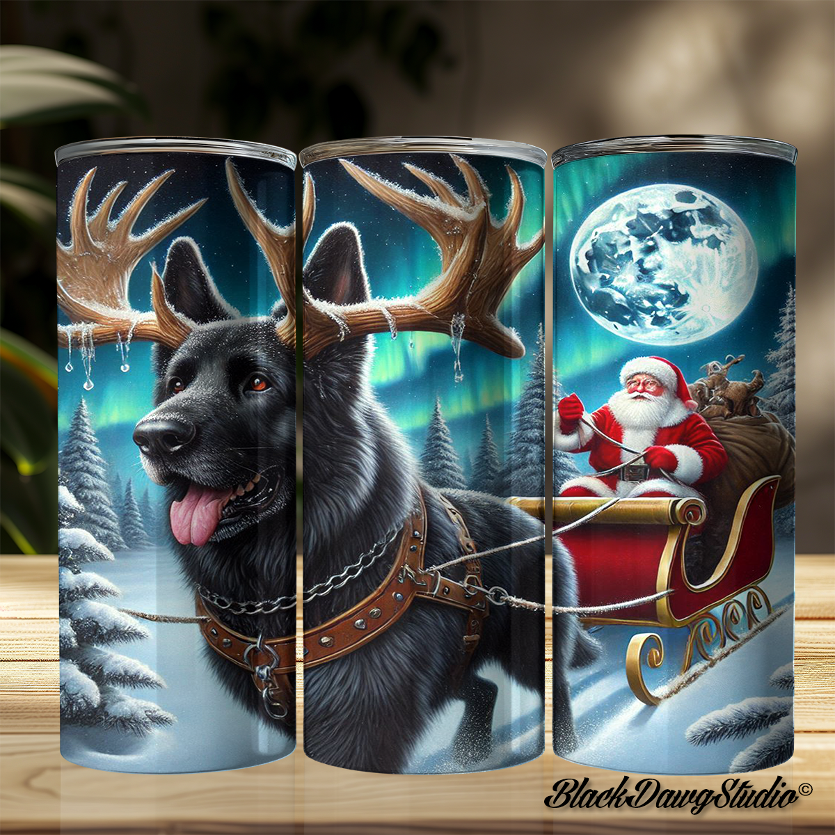 Santa Northern Lights Black German Shepherd Designs | Made to Order | Printed Tumbler