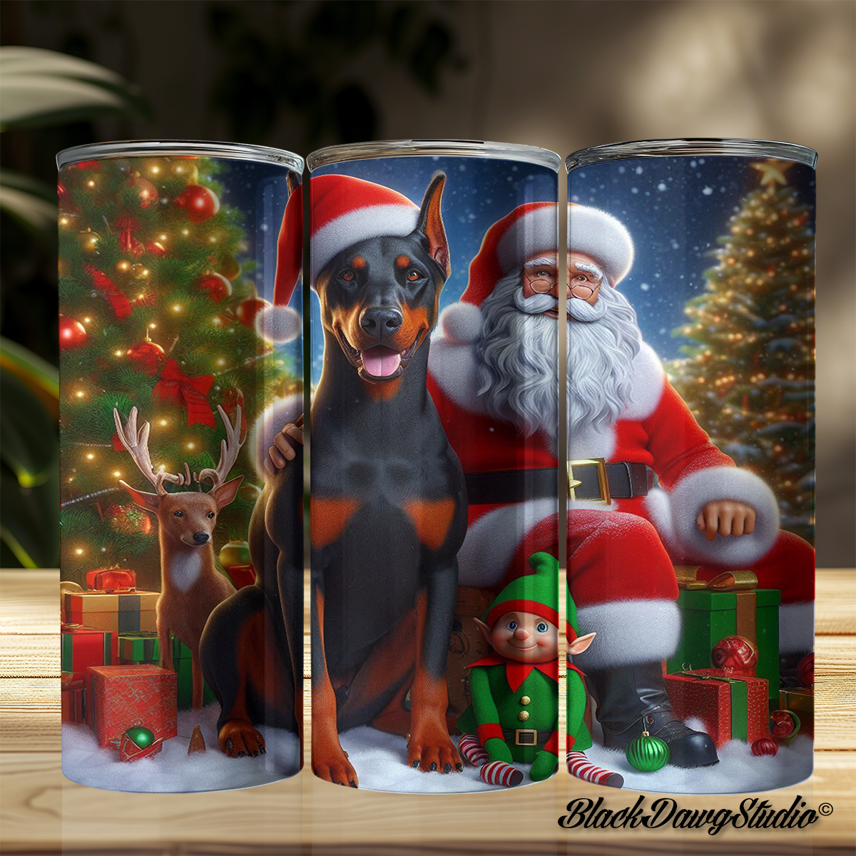 Santa & Tree Doberman Shepherd Design | Made to Order | Printed Tumbler