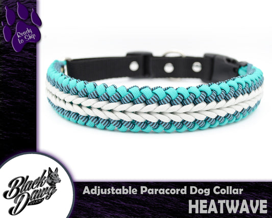 Heatwave Design 20-22-inch Adjustable Paracord Dog Collar - Teal, Shark Attack, Silver Grey