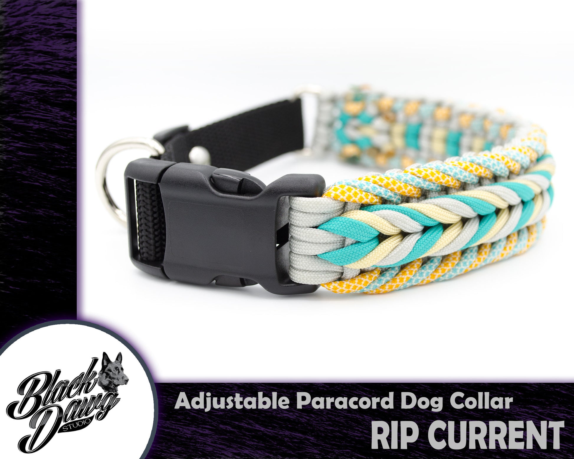 Rip Current Design Adjustable 17"-19" Paracord Dog Collar - Teal, Cream, Silver Grey, Diamond Turquoise/Cream, Honeycomb