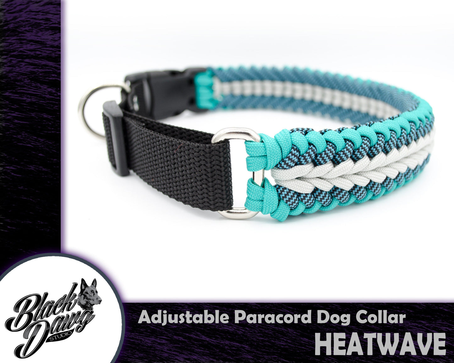 Heatwave Design 20-22-inch Adjustable Paracord Dog Collar - Teal, Shark Attack, Silver Grey