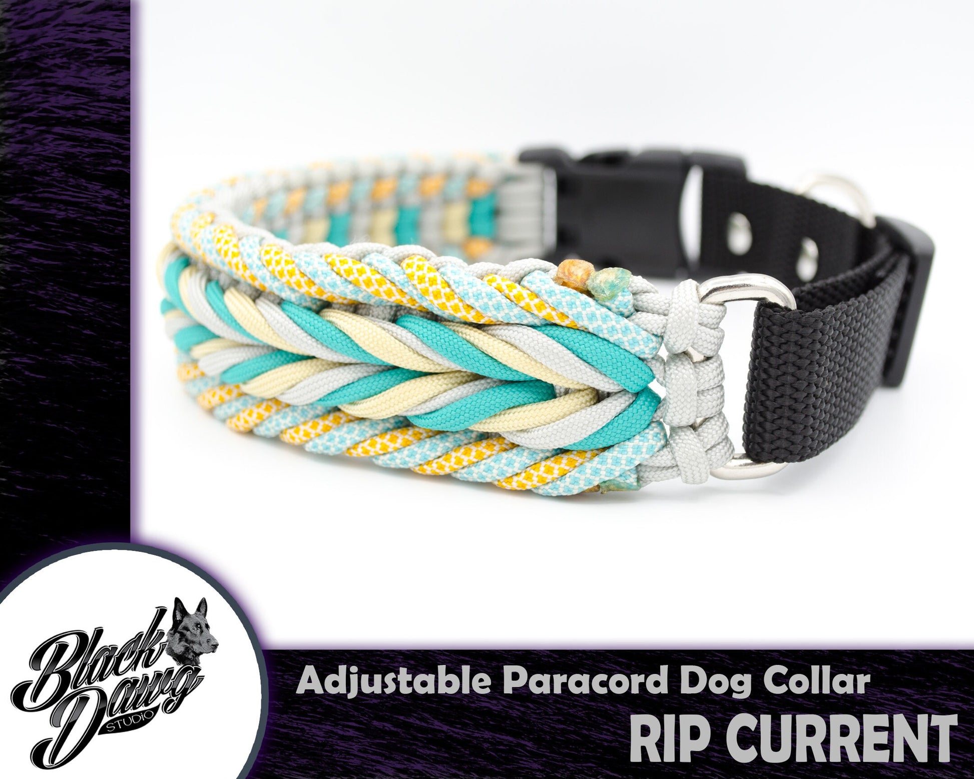 Rip Current Design Adjustable Paracord Dog Collar - Teal, Cream, Silver Grey, Diamond Turquoise/Cream, Honeycomb
