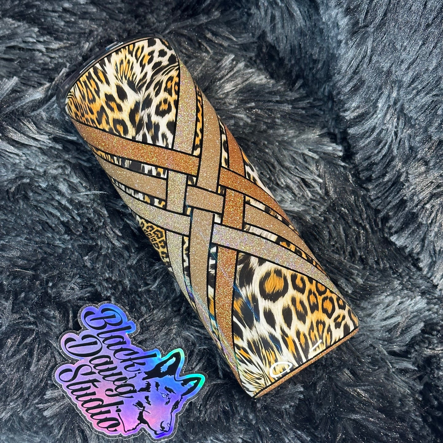 RTS 20oz Skinny Straight Tumbler Wild Cat Animal Print Glitter Basket Weave Design