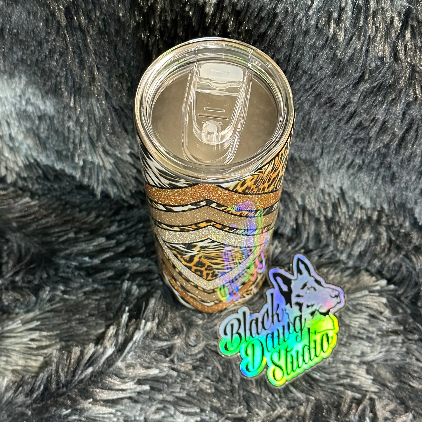 RTS 20oz Skinny Straight Tumbler Wild Cat Animal Print Glitter Basket Weave Design