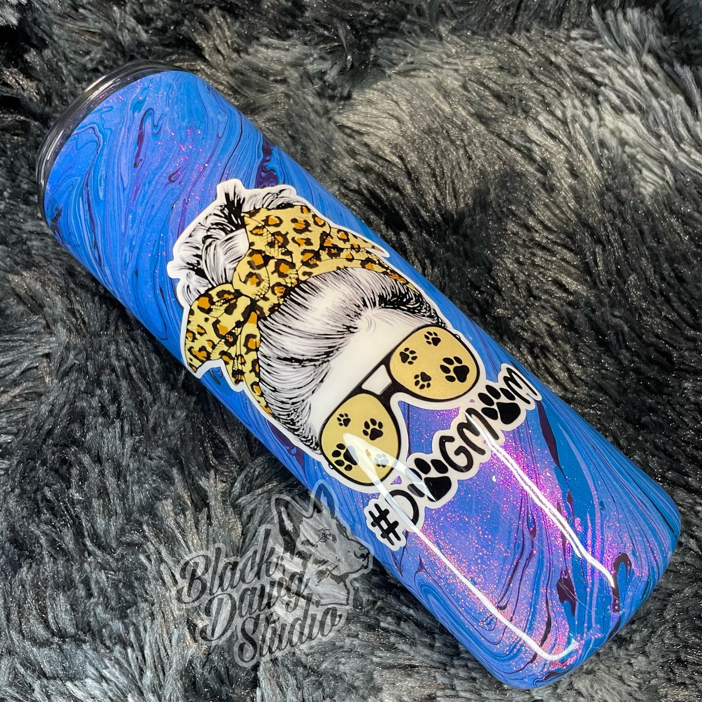 RTS 20oz Skinny Straight Tumbler Dog Mom Glitter Hydro Dip | Messy Bun Dog Mom | Mothers Day Gift | Dog Lover Gift