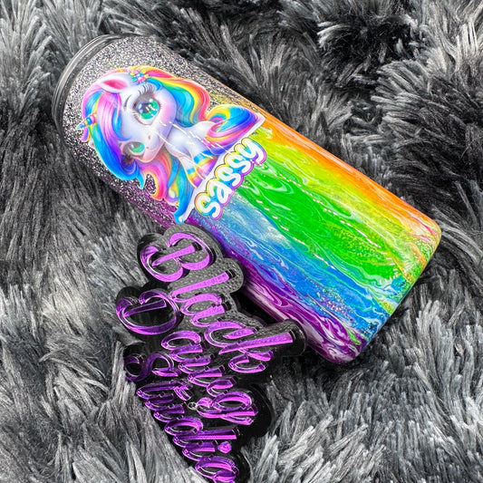 RTS 15oz Skinny Straight Tumbler Glitter Neon Flame Pull | Glow in the Dark | Sassy Unicorn decal