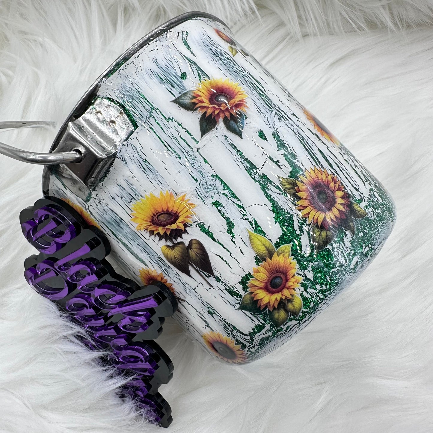 1qt Water Bucket Pail Dog Tumbler - Glitter Weathered Crackle Sunflowers - Epoxy Tumbler for Dogs