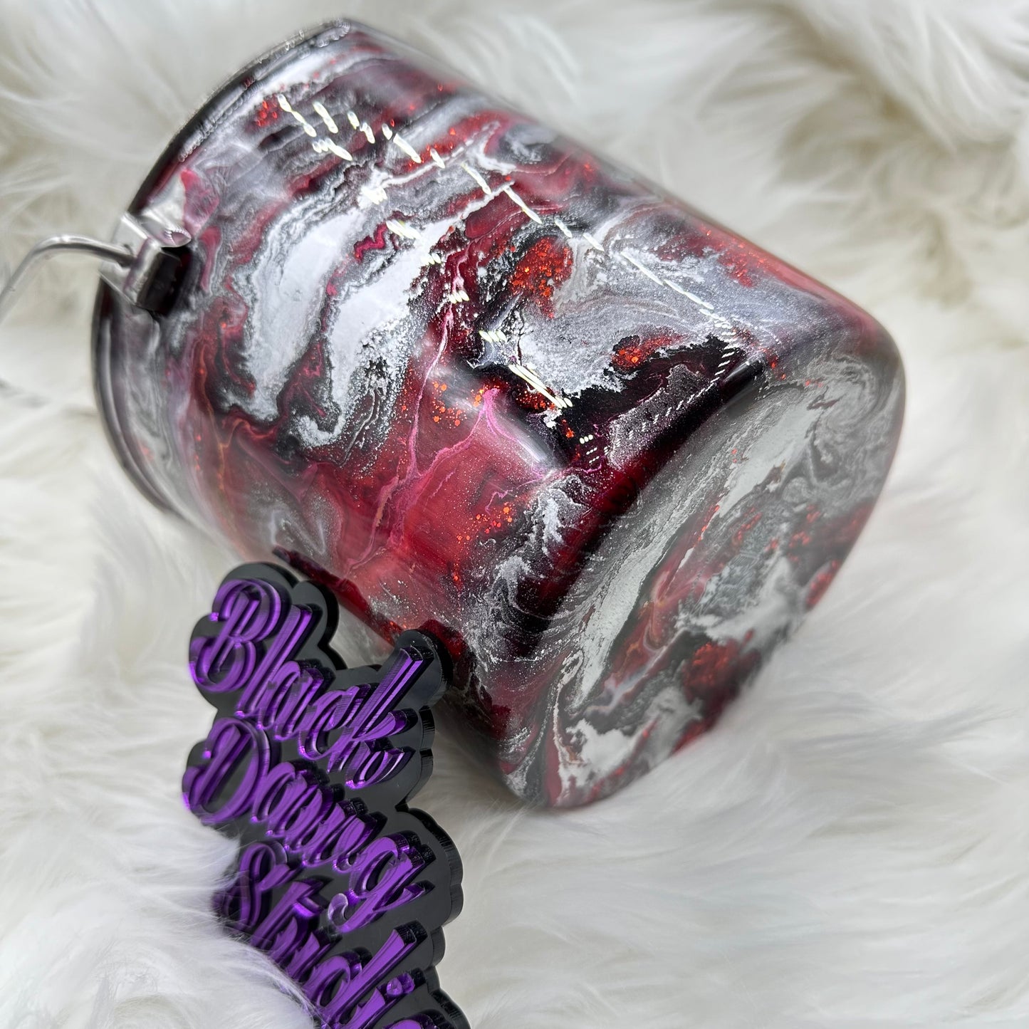 2qt Water Bucket Pail - Red Black Silver Ink Swirl - Epoxy Tumbler for Dogs