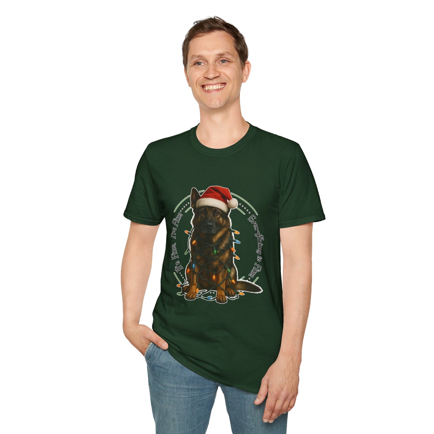 It’s Fine I’m Fine… Everything’s Fine - Christmas German Shepherd in Santa Hat with Lights T-Shirt