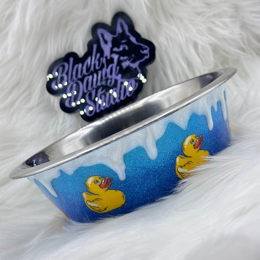 8-inch Dog Bowl Blue Ombré Glitter with Rubber Duck decals and 3D Drip - Epoxy Tumbler for Dogs