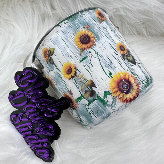 1qt Water Bucket Pail Dog Tumbler - Glitter Weathered Crackle Sunflowers - Epoxy Tumbler for Dogs