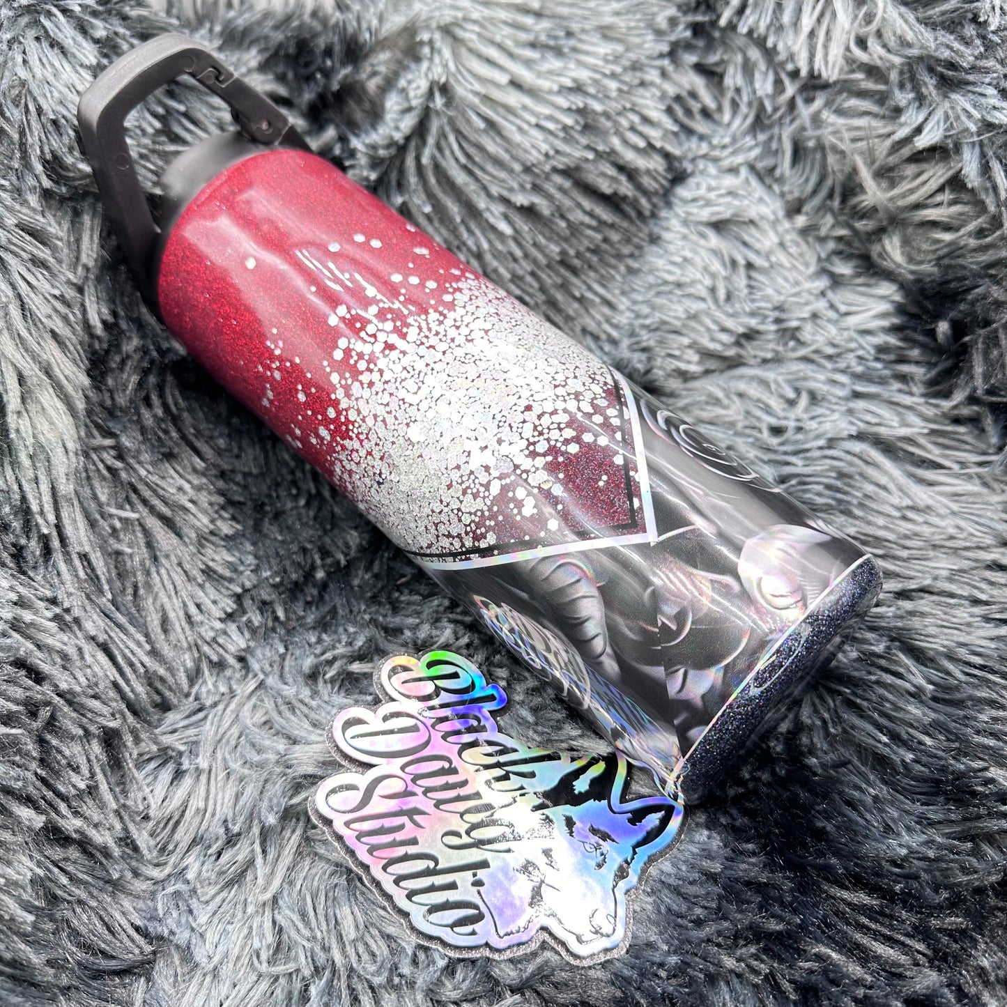 RTS 20oz Skinny Straight Duo Tumbler Holographic Black Roses with Red to Black Ombré and Silver Holographic Glitter Burst