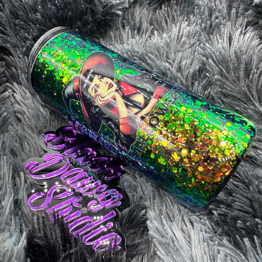 RTS 15oz Skinny Straight Tumbler | Chunky Color Shifting Glitter | Glow in the Dark Twisted Bougie Stinger | Just Waiting for Halloween decal