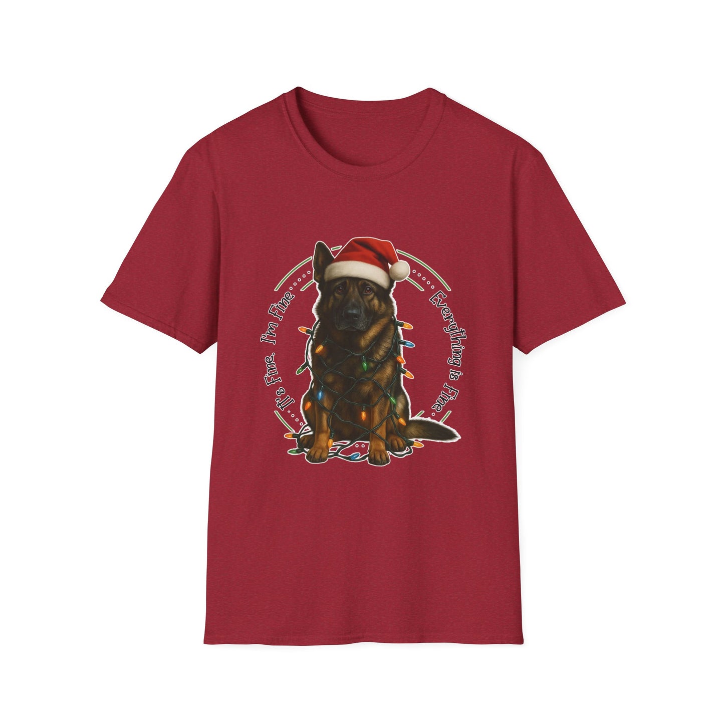 It’s Fine I’m Fine… Everything’s Fine - Christmas German Shepherd in Santa Hat with Lights T-Shirt