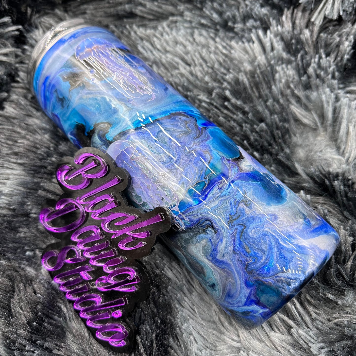 RTS 20oz Skinny Straight Tumbler | Blue Underwater Ink Swirl | Glow in the Dark | Dolphin and Jellyfish Holographic decals
