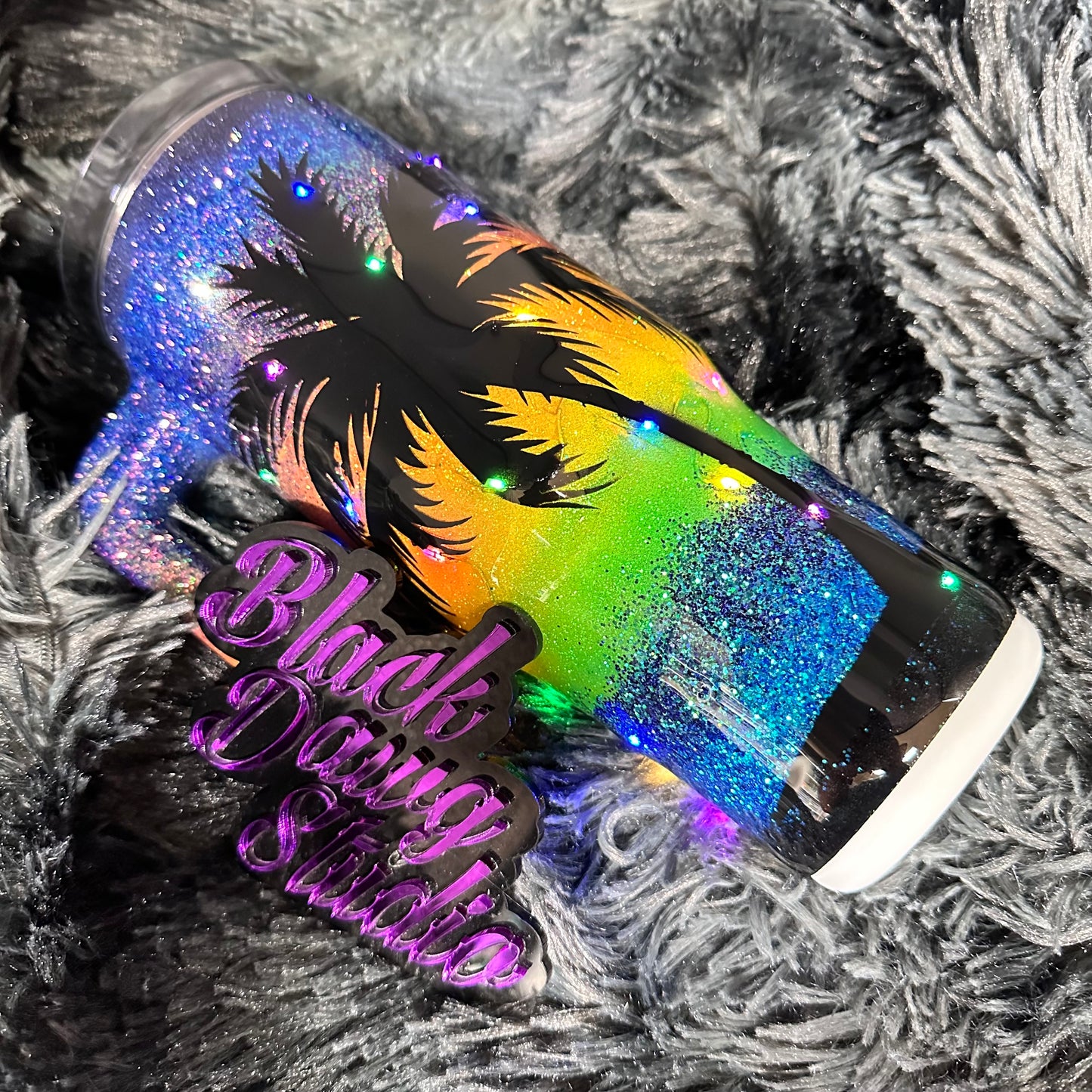 RTS 30oz Grippy Light-Up Tumbler | Glitter Tropical Sunset with Palm Tree and Tiki Hut | Mele Kalikimaka decal | LED Multi Color Lights Battery Operated