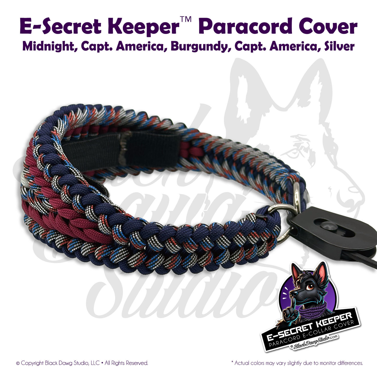 e-Secret Keeper Paracord Collar - Electric/Remote Training Collar Cover - Midnight, Captain America, Burgundy, Captain America, and Silver