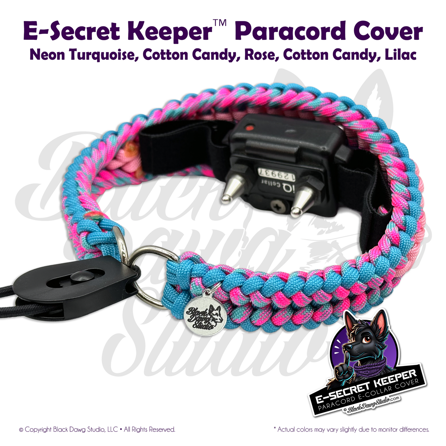 e-Secret Keeper Paracord Collar - Electric/Remote Training Collar Cover - Neon Turquoise, Cotton Candy, Pink Rose, Cotton Candy, and Lilac