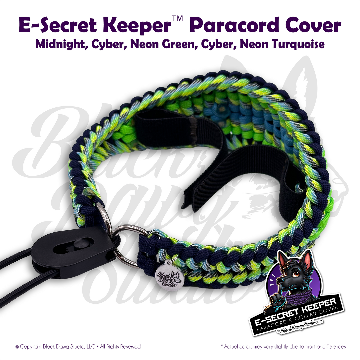 e-Secret Keeper Paracord Collar - Electric/Remote Training Collar Cover - Midnight, Cyber, Neon Green, Cyber, Neon Turquoise