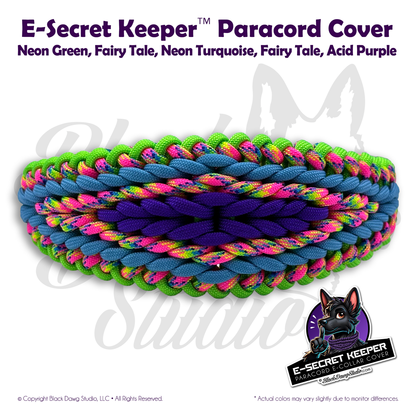 e-Secret Keeper Paracord Collar - Electric/Remote Training Collar Cover - Neon Green, Fairy Tale, Neon Turquoise, Fairy Tale, Acid Purple
