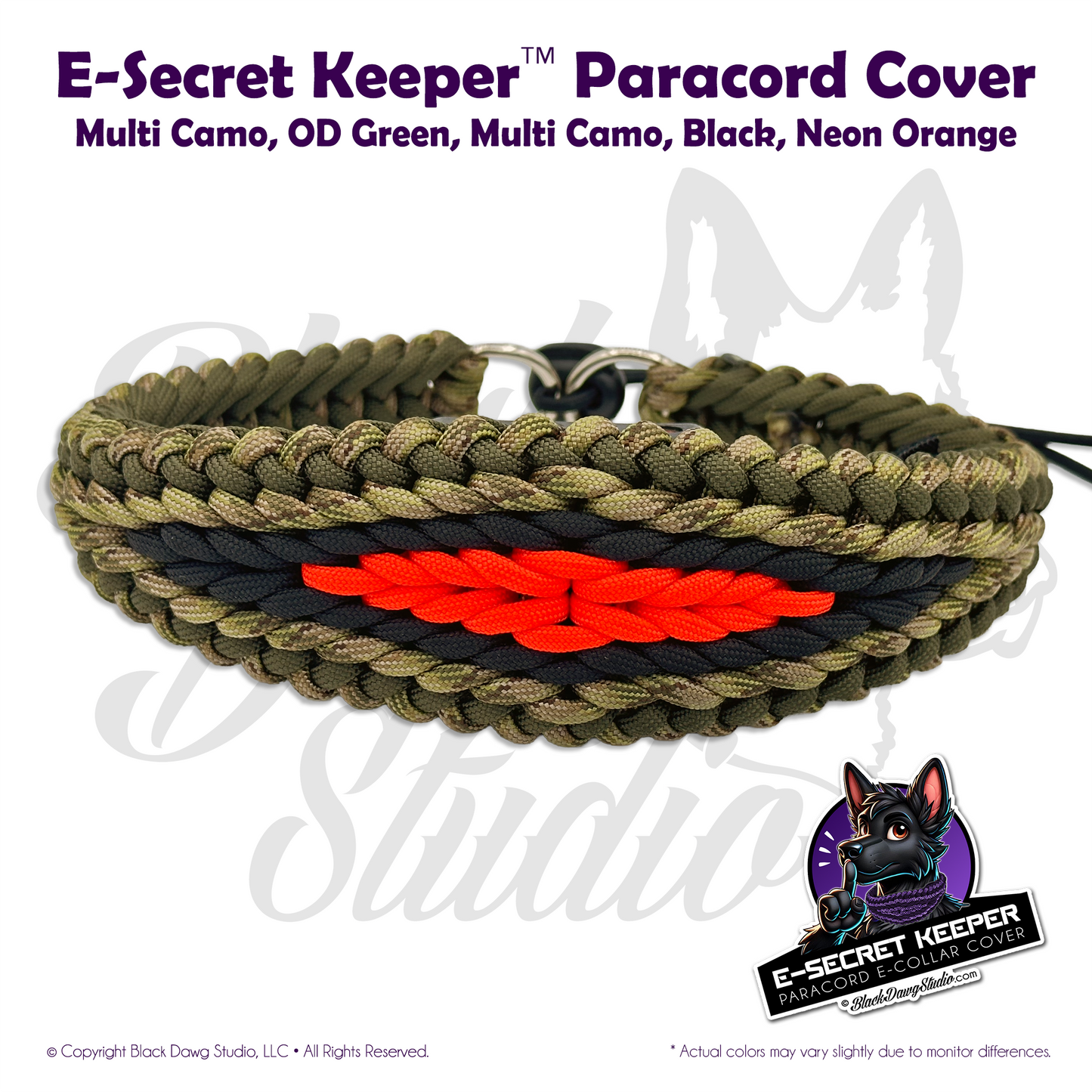 e-Secret Keeper Paracord Collar - Electric/Remote Training Collar Cover - Multi Camo, OD Green, Multi Camo, Black, and Neon Orange