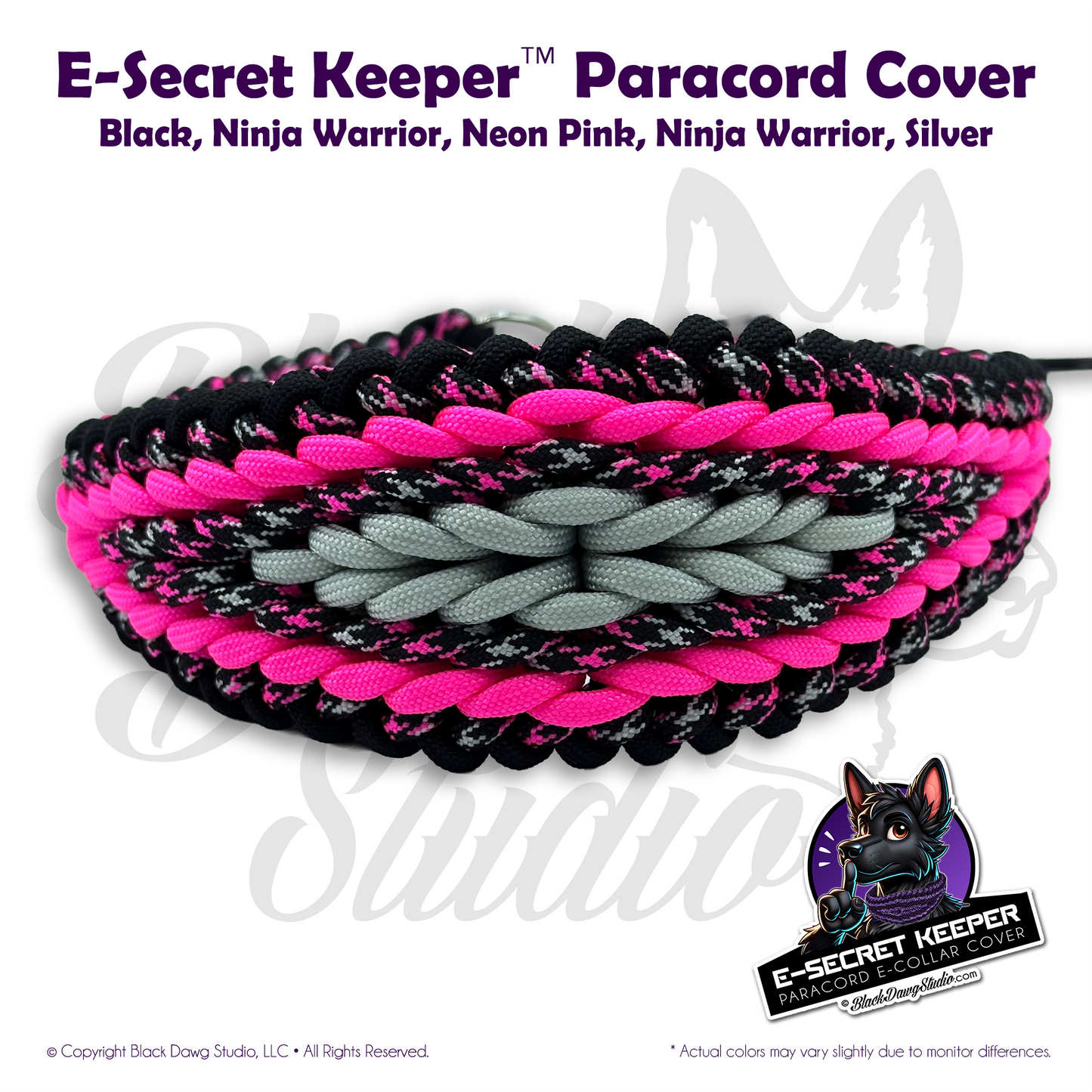 e-Secret Keeper Paracord Collar - Electric/Remote Training Collar Cover - Black, Ninja Warrior, Neon Pink, Ninja Warrior, Silver